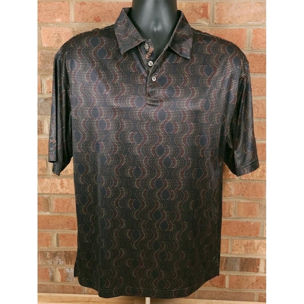 Ping Mens Medium Black‎ Brown Geometric Print Performance Golf Polo Shirt